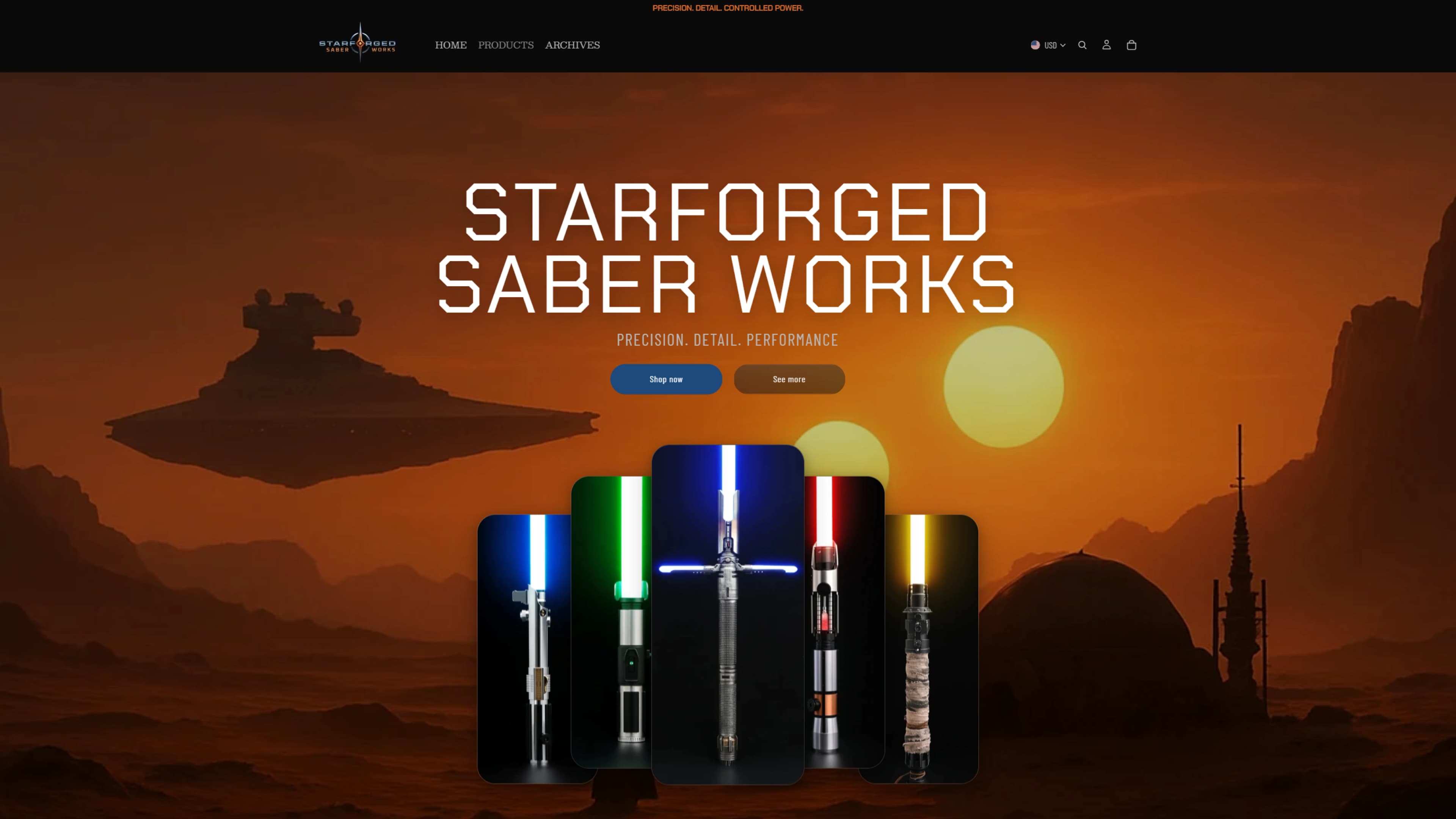 StarForged Saber Works ecommerce website homepage