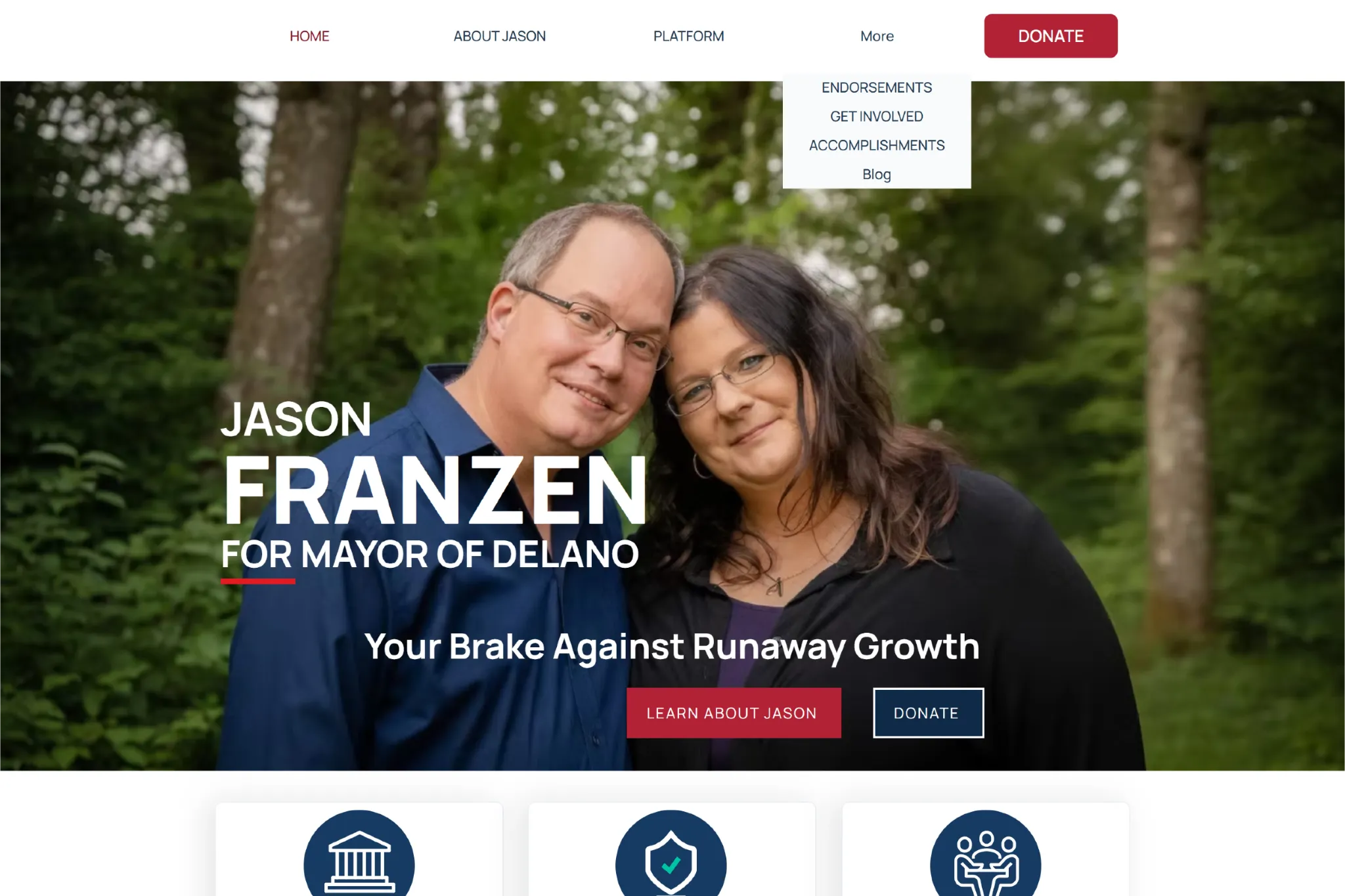 Jason Franzen for Mayor of Delano campaign website home page hero.