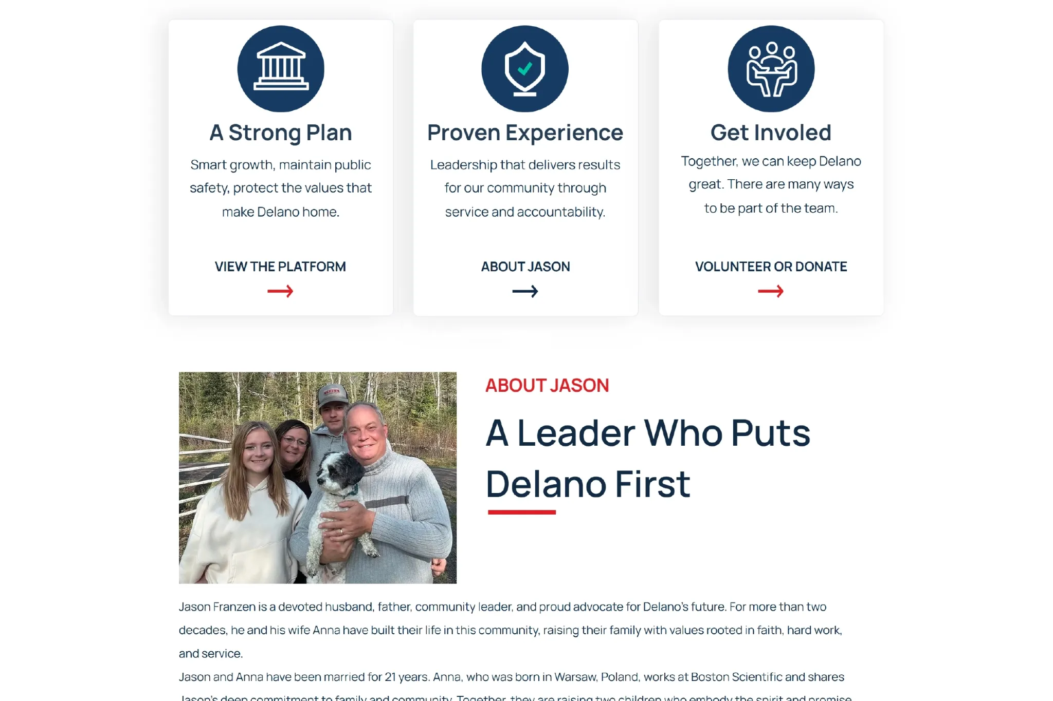 Jason Franzen campaign website home page overview.