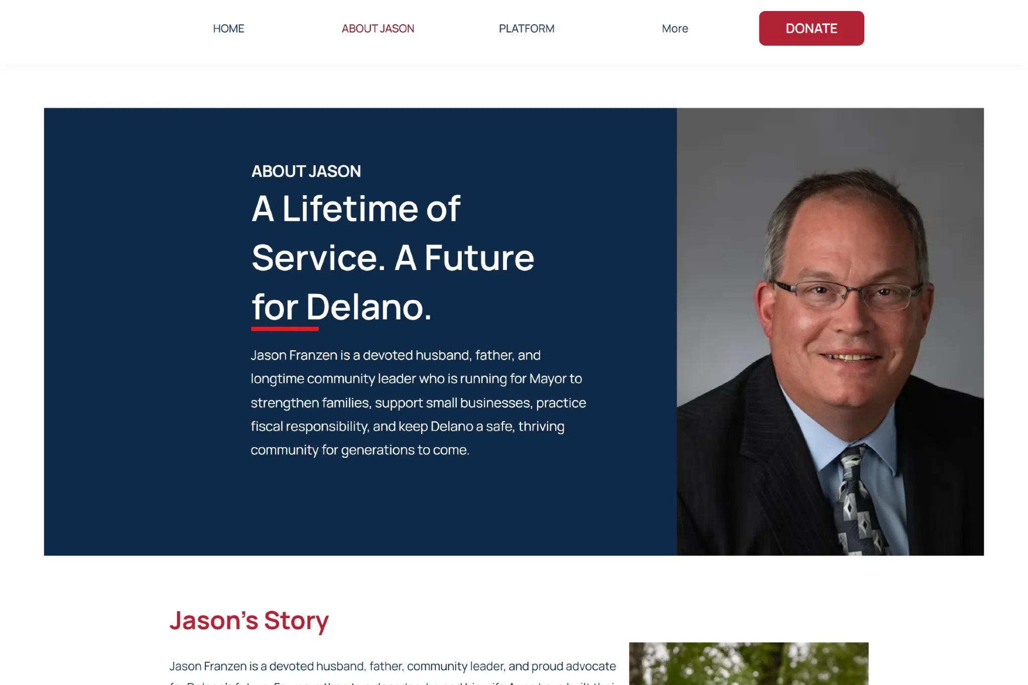 Jason Franzen campaign website about page hero.