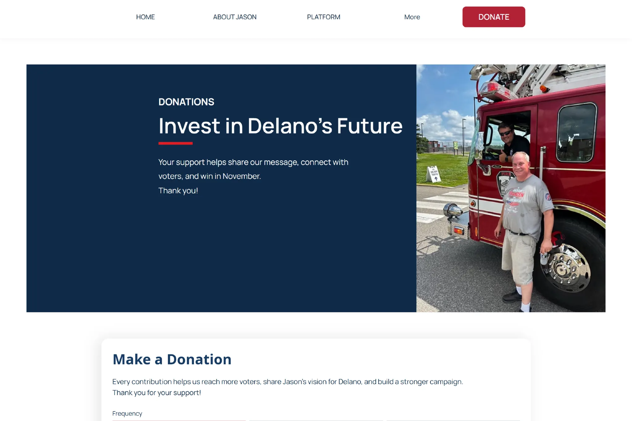 Jason Franzen campaign website donation page hero.