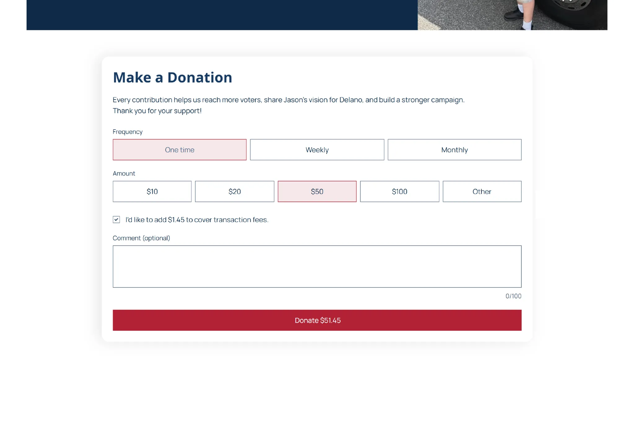 Jason Franzen campaign website donation form.
