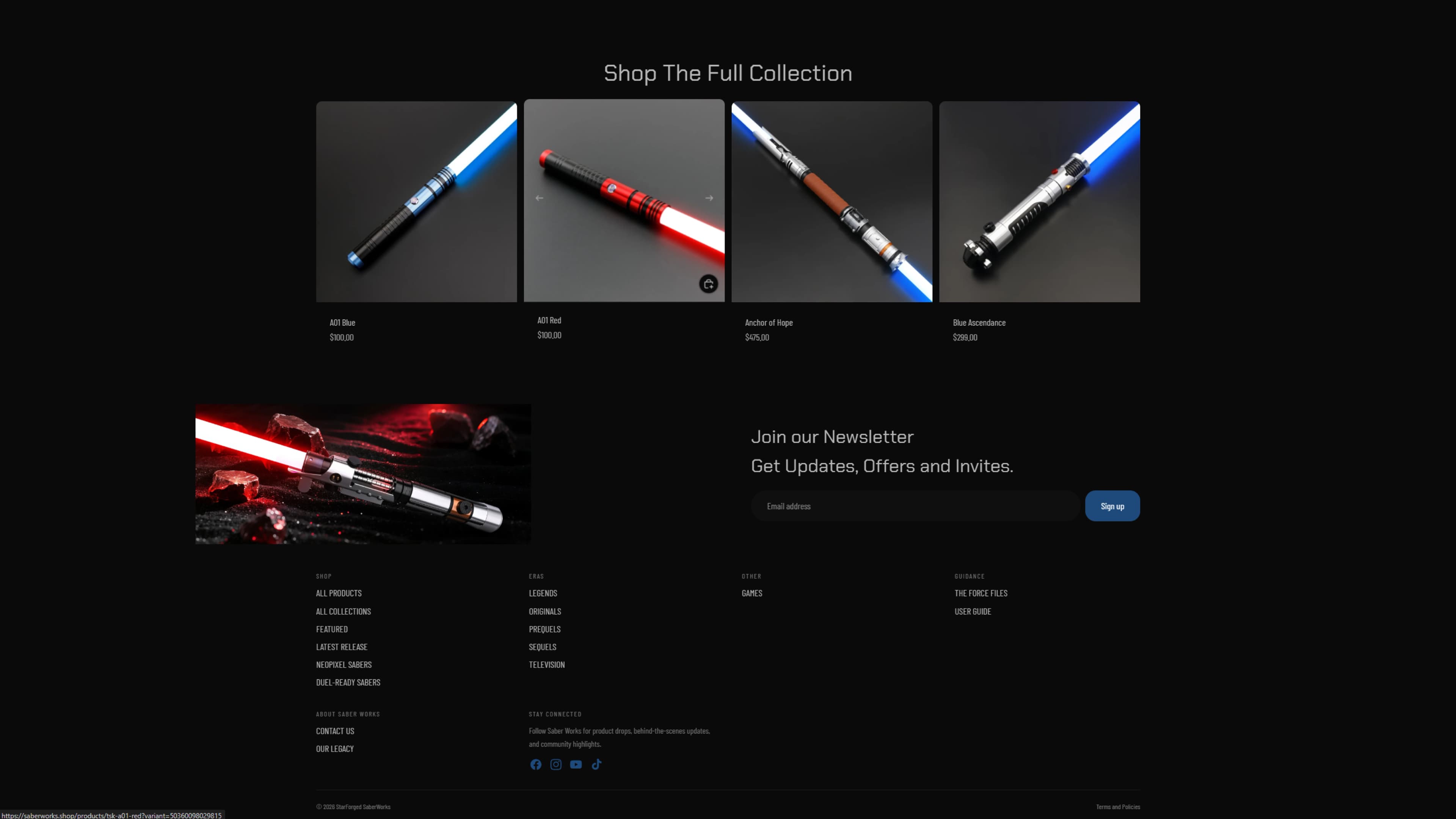 Continued overview of the StarForged Saber Works website homepage.