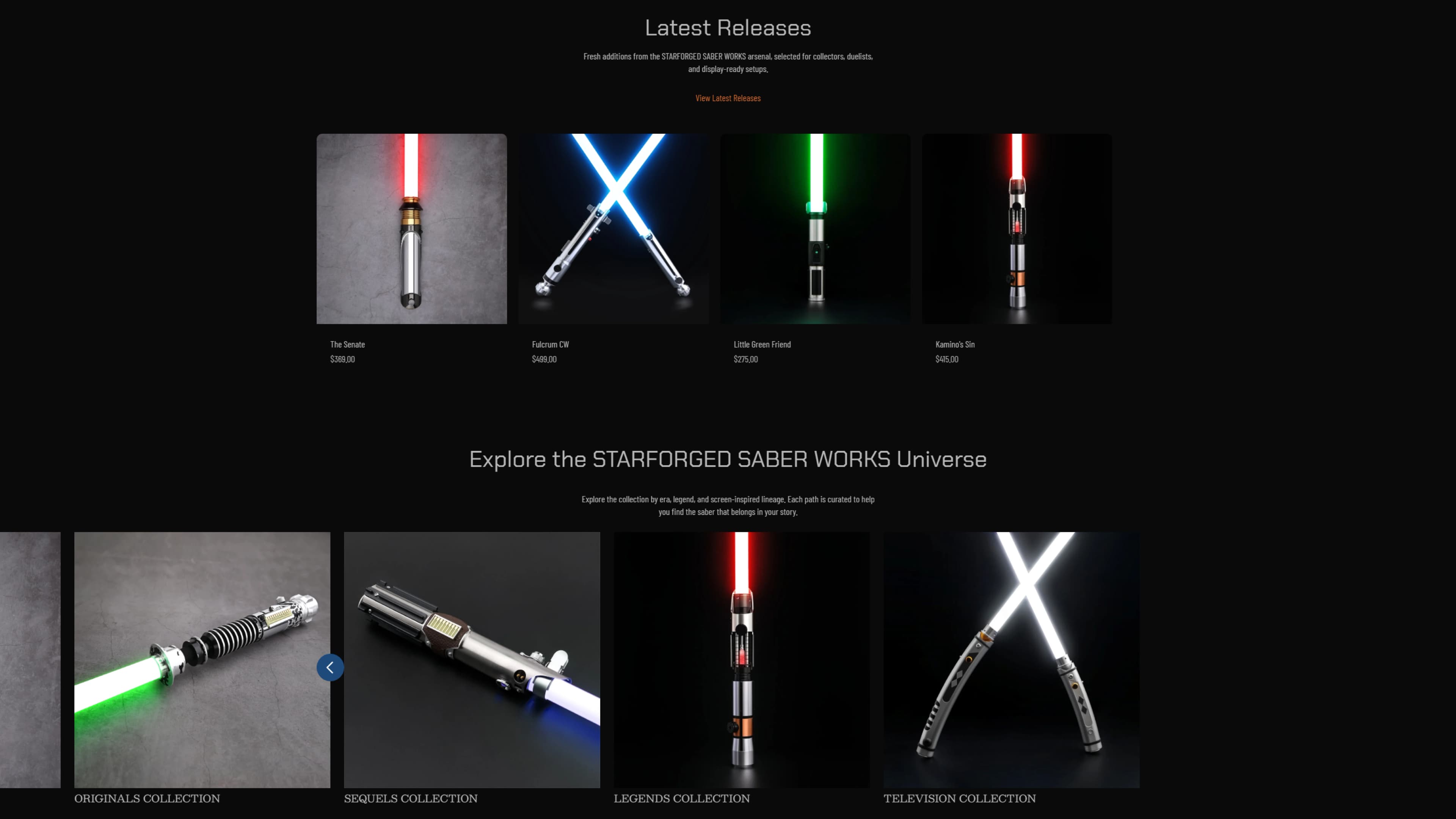 StarForged Saber Works website homepage overview.