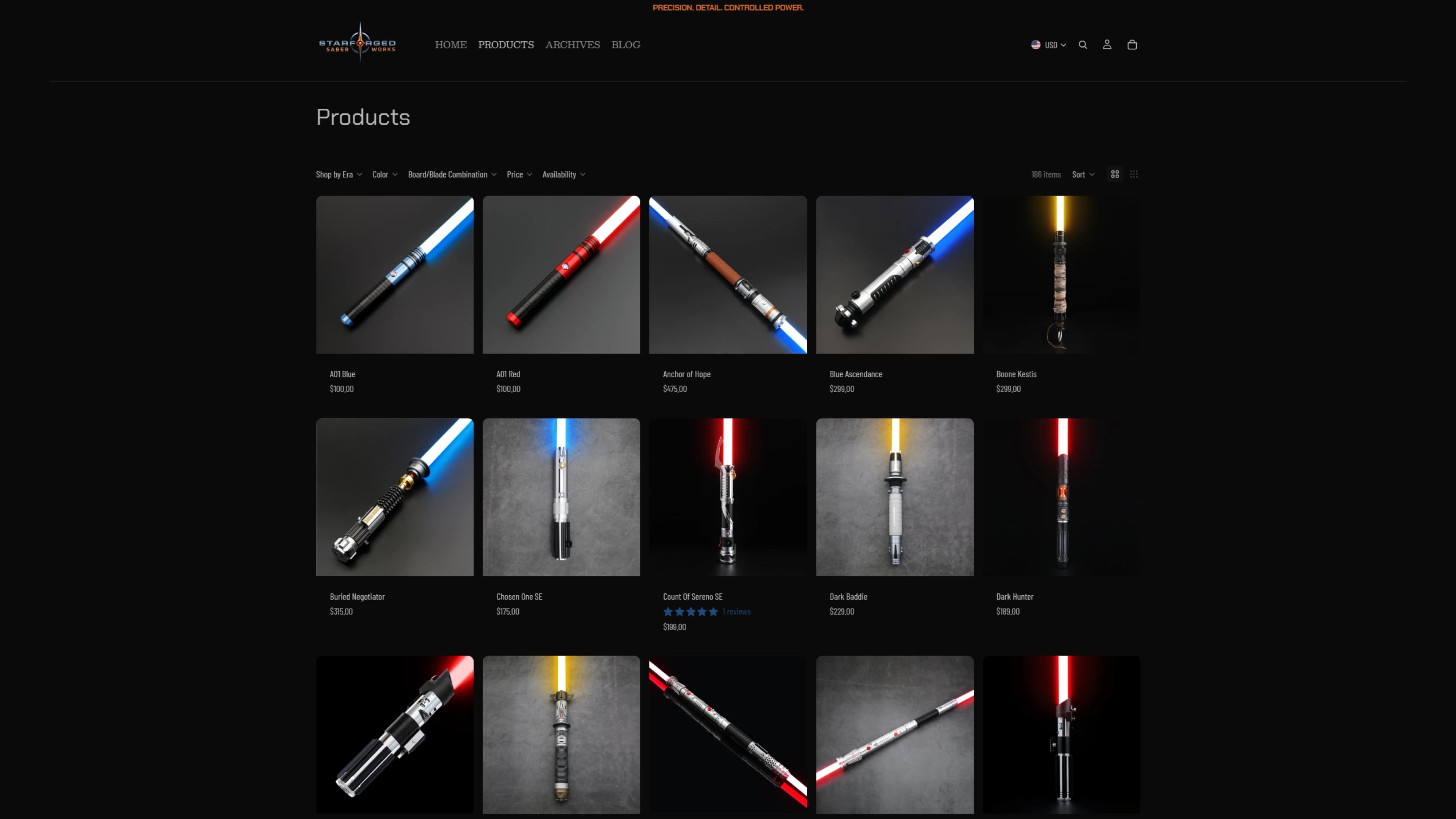 StarForged Saber Works product collection page.