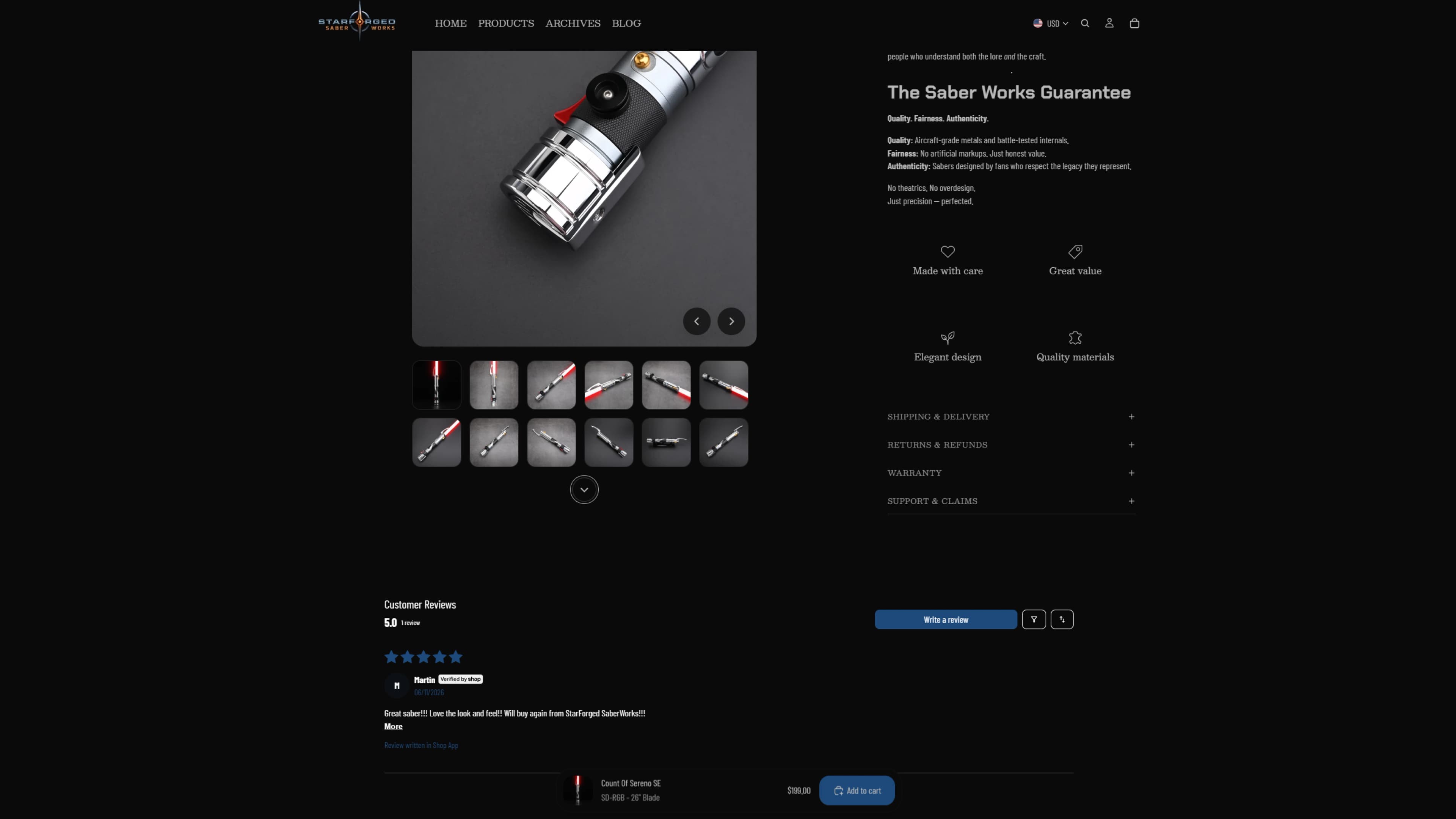 Continued overview of a StarForged Saber Works product detail page.