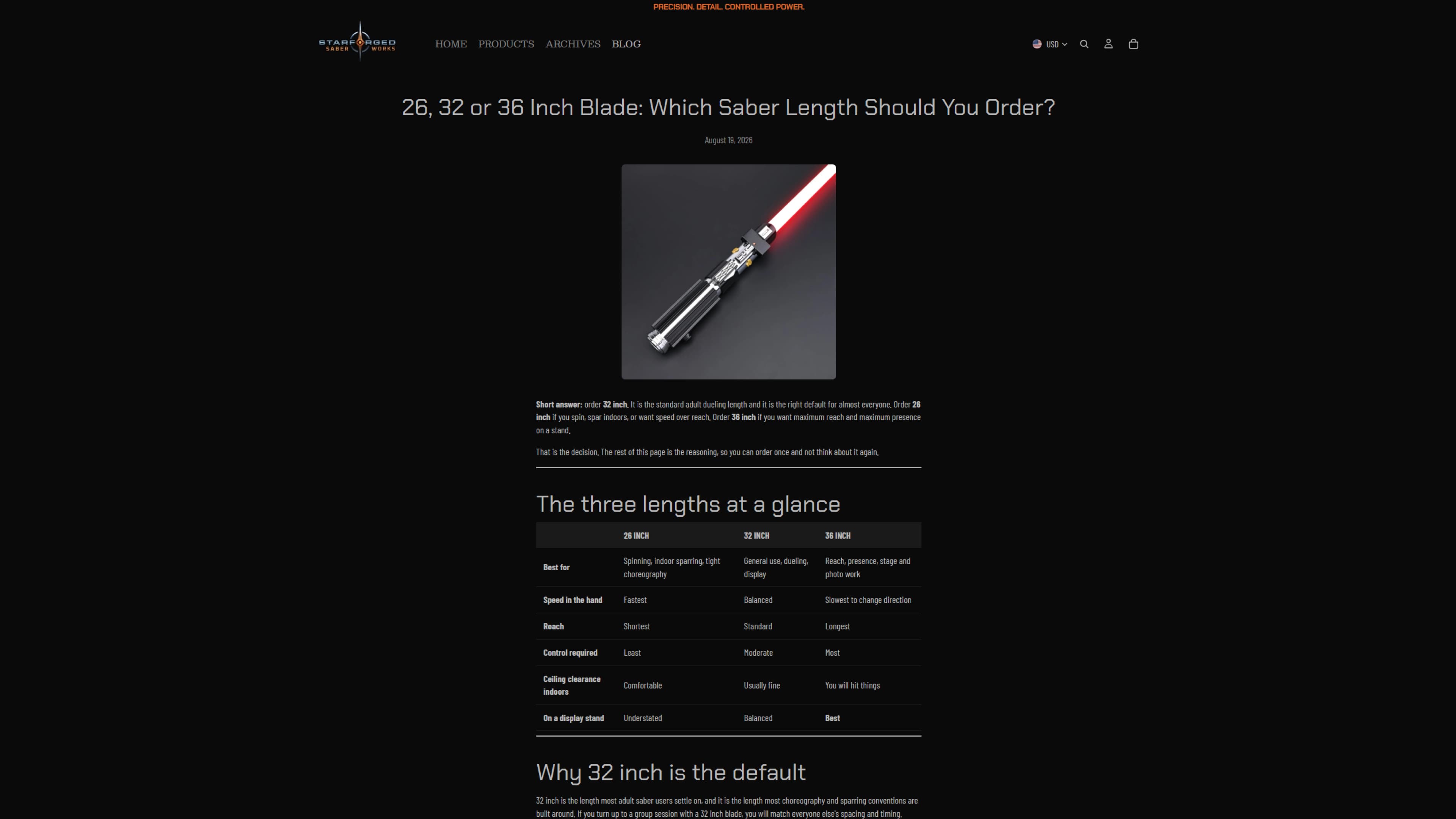 StarForged Saber Works blog article page.